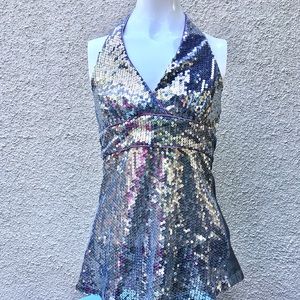 Silver sequin and satin babydoll halter top S